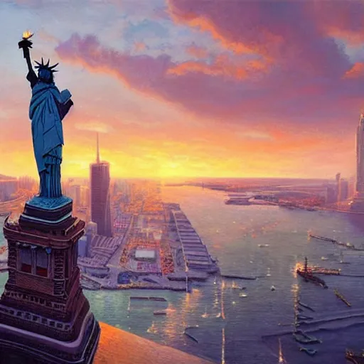 Prompt: very realistic painting of half man half eagle on the statue of liberty, watching the colorful city with highly detailed skyline, sunset, majestic, wonderful, fantasy, by Greg Rutkowski, Trending on Artstation, digital art