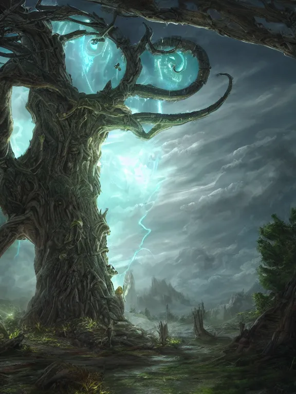 Prompt: ancient portal to another world with yggdrasil, tall tree, fantasy art, warhammer fantasy setting, clouds detailed, digital art, wallpaper, fantastically beautiful, artstation, 8 k