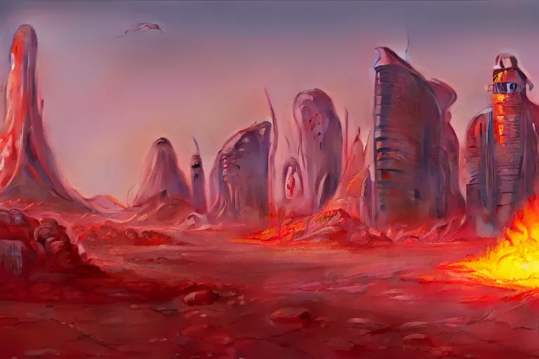 Prompt: oil sci fi painting of human colony city on planet mars, inferno, octane rendering, trending on artstation, by, studio ghibli, michael whealan and james gurney