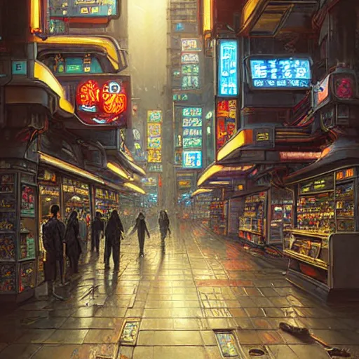 Prompt: A fantasycore very highly detailed convenience store with very highly detailed 2099 neo-tokyo on the street of a very highly detailed eldritch city digital rational painting art by Greg Rutkowski, sci-fi highly detailed, digital concept art, Dimensional cyan gold natural light, sharp focus, Golden Ratio illustration, realistic concept art by Eta Cru and James Gurney and Donato Giancola, Ghost in the Shell rendered in Octane Render, From the distance
