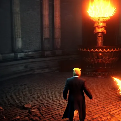 Image similar to donald trump in dark souls, ps 5 screenshot, isometric view, third person gameplay, boss battle, 3 d render, cryengine, highly detailed