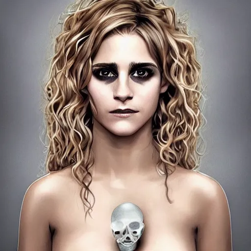 Prompt: Emma Charlotte Duerre Watson, blonde curly hair, holding a skull staff, dark fantasy, symmetrical face two identical symmetrical eyes,feminine figure, smooth skin,gorgeous, pretty face, beautiful body, revealing outfit, high detail, realistic, cgsociety, artgerm, trending on artstation