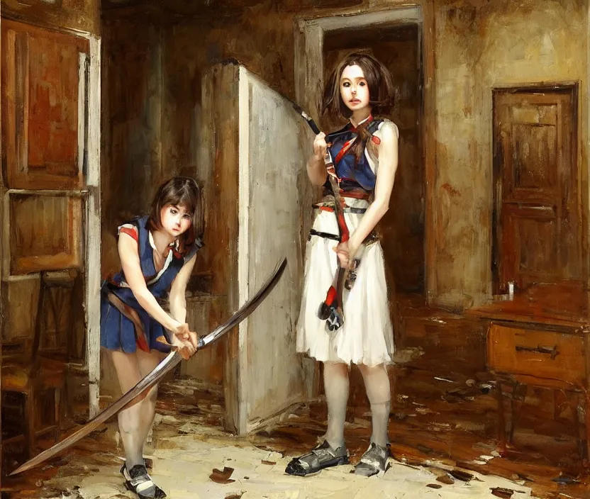 Image similar to School girl holding a katana and standing on an abandoned hospital room , by Konstantin Razumov, horror scene, highly detailded