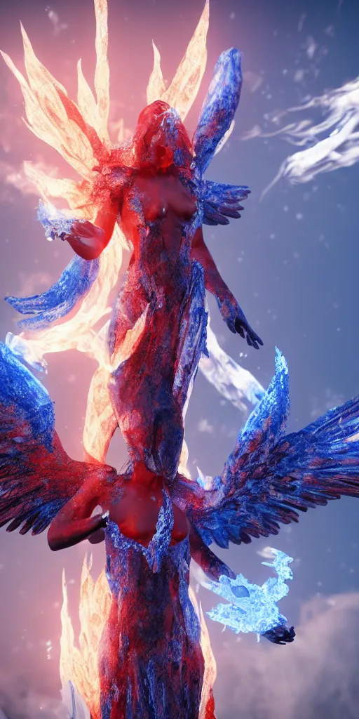 Image similar to an angel of fire and ice, fire wings, icy body, high definition, 8k, octane render, cinematic, mist, intricate, ultra detailed