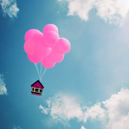 Image similar to dream a 5 0 mm lens photograph of a cute pink floating modern house, floating in the air between clouds, inspired by the movie up, held up from above by heart ballons. mist, playful composition canon, nikon, award winning, photo of the year