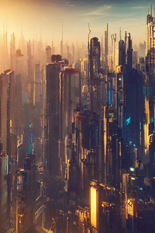 Image similar to cyberpunk cityscape with tall buildings at dusk golden hour orange cinematic lighting, epic composition. A golden daylight, hyper-realistic environment. Hyper and intricate detail, photo-realistic. Cinematic and volumetric light. Epic concept art. Octane render and Unreal Engine, trending on artstation