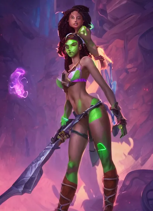 Image similar to senna from league of legends, au naturel, holding a giant weapon, with abs, brown skin, glowing green neon eyes, digital art, trending in artstation, cinematic lighting, studio quality, smooth render, unreal engine 5 rendered, octane rendered, art style by klimt and nixeu and ian sprigger and wlop and krenz cushart