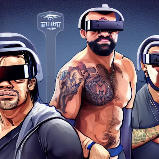 Prompt: wrestlemania wrestlers wearing vr goggles, gta cover, trending on artstation, digital illustration