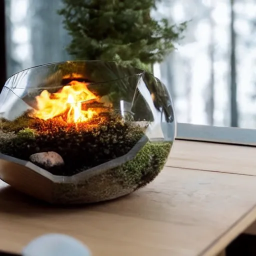 Image similar to a terrarium with cozy cabin on fire, night, inside on top of a minimalist table, lit from the side