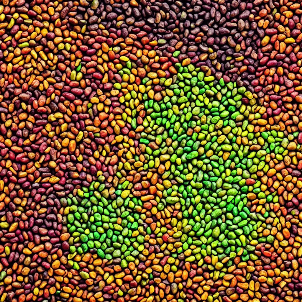 Prompt: large spiral of multicolor soy beans, with large leaves and fractal roots, over vivid dark wood table, food photography. super detailed. masterpiece