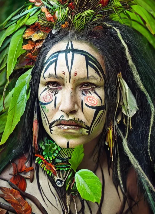 Image similar to a beautiful painted portrait of an old female shaman in the jungle surrounded by leaves and plants, tribal face paintings, shamanism, matte painting, fantasy art