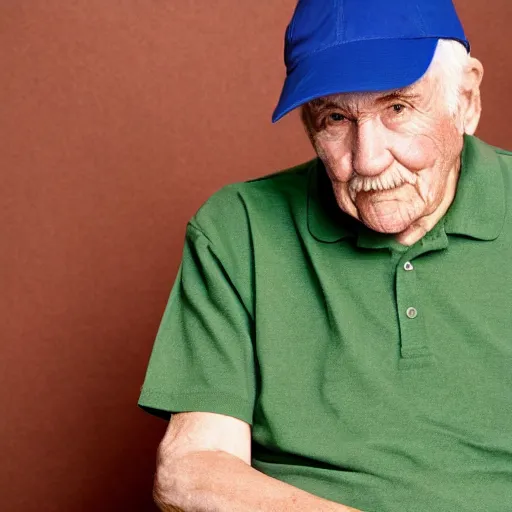 Image similar to old man wearing green shirt, blue cap, white hairs