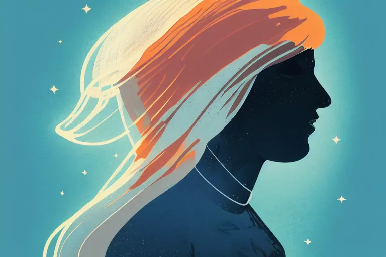 Image similar to editorial illustration by Karolis Strautniekas and Mads Berg , full body portrait of a young astronaut girl with flowing white hair, colorful, fine texture,detailed, muted colors,film noir, dramatic lighting, dynamic composition,moody, vivid, matte print,moody