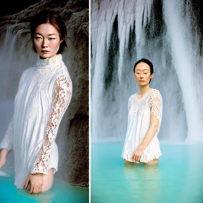 Image similar to Kodak Portra 400, 8K, soft light, volumetric lighting, highly detailed, britt marling style 3/4 ,portrait photo of Kasumi Arimura, the face emerges from Pamukkale, thermal waters flowing down white travertine terraces, inspired by Ophelia paint , a beautiful lace dress and hair are intricate with highly detailed realistic beautiful flowers , Realistic, Refined, Highly Detailed, natural outdoor soft pastel lighting colors scheme, outdoor fine art photography, Hyper realistic, photo realistic