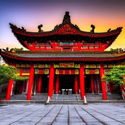 Image similar to a beautiful wide angle HDR photograph of a Chinese temple in mountain valley at sunset