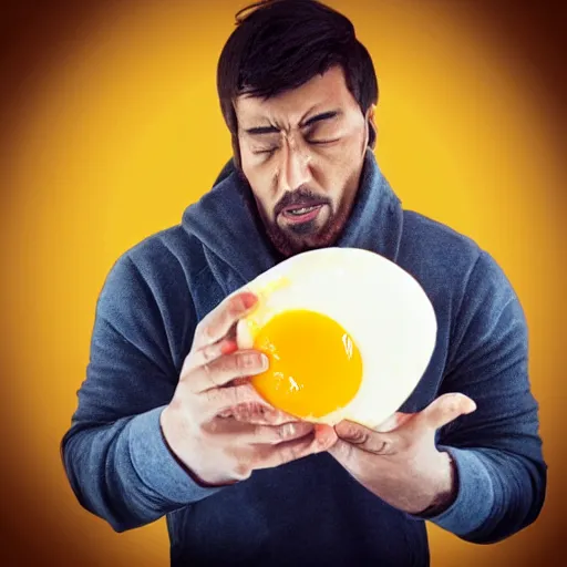 Image similar to “A portrait of a man glaring angrily at his fried egg because the yolk broke”