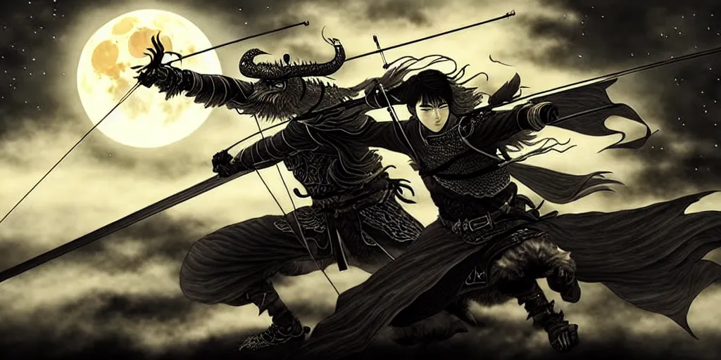 Image similar to korean archer. dragon. night sky. moon. mountain. dark fantasy. high resolution. epic fight. detailed. digital art. dark fantasy. kentaro miura