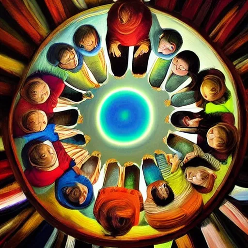 Image similar to A beautiful painting of a group of people standing around a circular table. In the center of the table is a large, open book. The people in the painting are looking at the book with interest and appear to be discussing its contents. iridescent by Phil Koch control the soul, contest winner