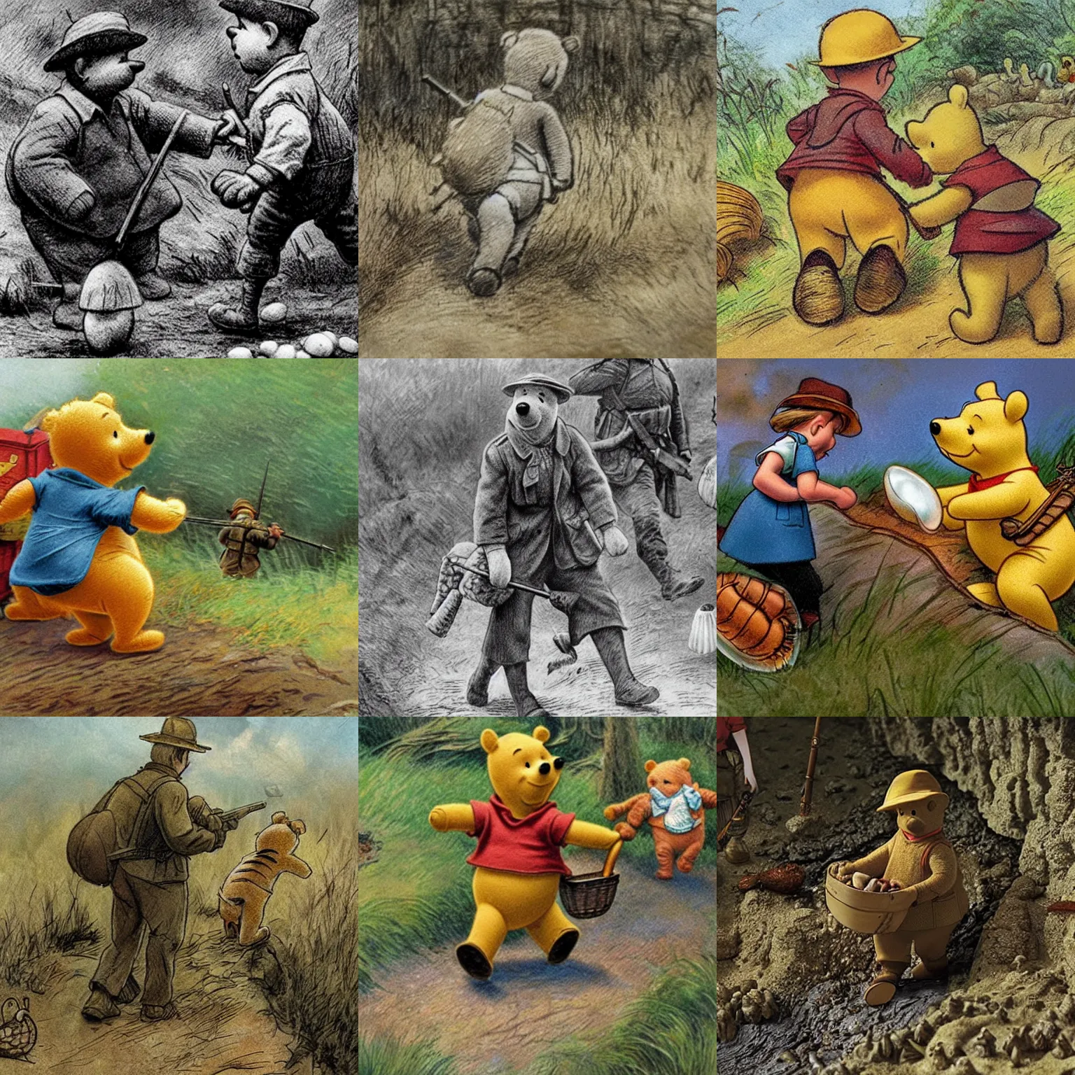 Prompt: detailed realistic photo Winnie-the-Pooh carries shells in the trench of civil war