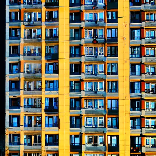 Prompt: An average post-soviet Polish residential block at night, only one window is lit, dark