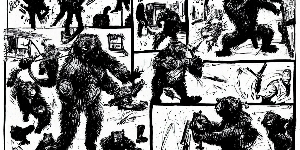 Prompt: style of frank miller, of a group of werebears robbing a bank