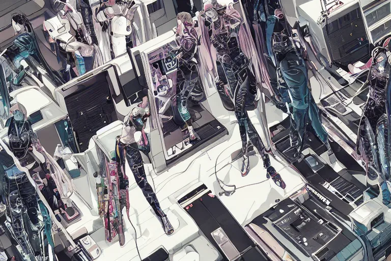 Image similar to a cyberpunk illustration of a group of female androids in style of masamune shirow, lying on an abstract, empty, white floor with their body parts scattered around in various poses and cables and wires coming out, by yukito kishiro and katsuhiro otomo, hyper-detailed, intricate, view from above