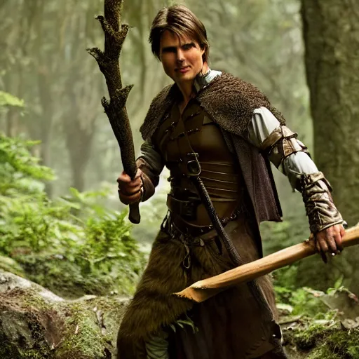 Prompt: medieval fantasy half length d & d portrait photo of tom cruise as a d & d woodland druid with a staff, photo by philip - daniel ducasse and yasuhiro wakabayashi and jody rogac and roger deakins