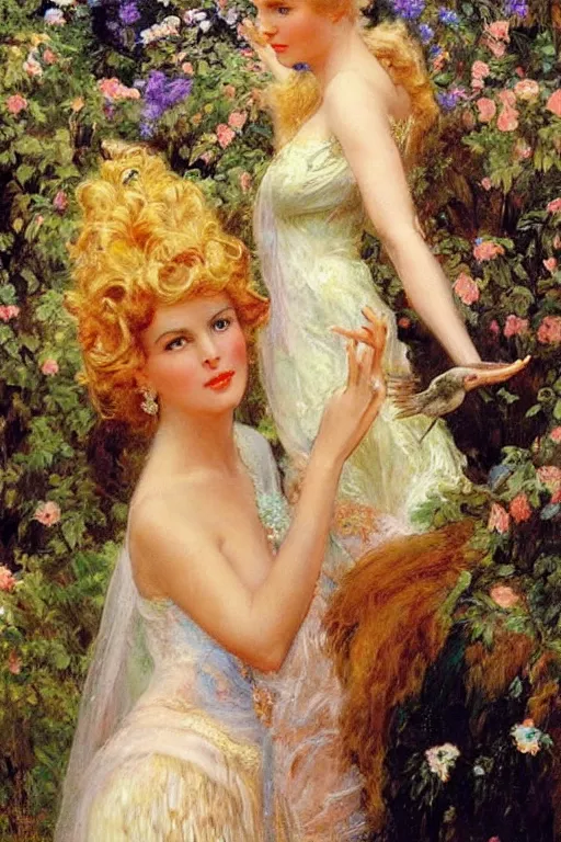 Image similar to A young and extremely beautiful Grace Kelly explaining the birds and the bees in the style of Gaston Bussière, art nouveau, art deco, surrealism. Extremely lush detail. Perfect composition and lighting. Very surreal flowers and animals and setting. Sultry.