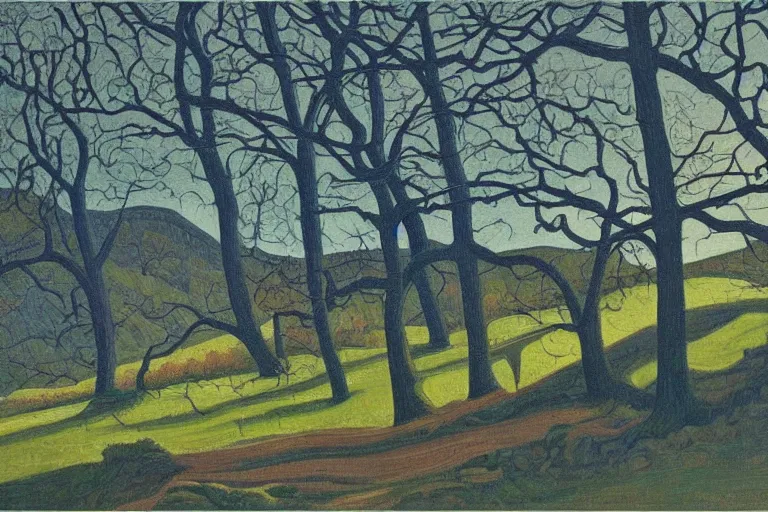 Image similar to masterpiece painting of oak trees on a hillside overlooking a creek, dramatic lighting, by lawren harris