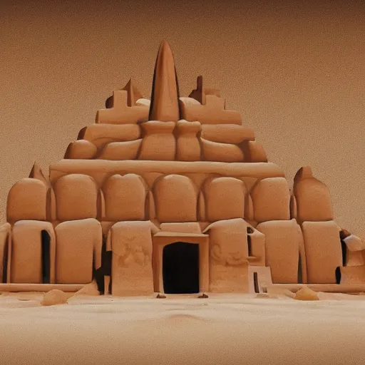 Image similar to desert temple surrounded by large dunes, carving, digital art