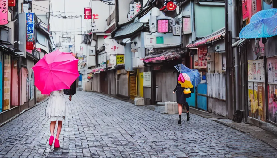 Prompt: a girl with an umbrella walking through a side street in Japn in the style of a 90s sailormoon cartoon, high detail, 8k, high resolution,