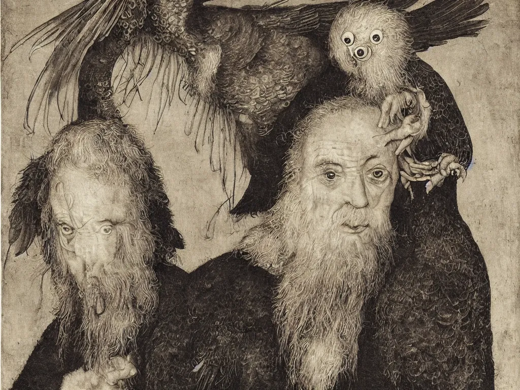 Image similar to Old man with crane bird. Portrait by Lucas Cranach, Roger Ballen