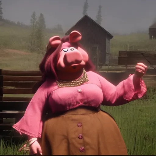 Prompt: Film still of Ms. Piggy in Red Dead Redemption 2 (2018 video game)