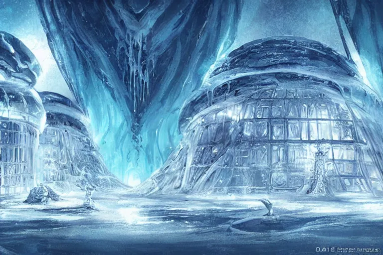 Image similar to “Alien ice palace architecture in frozen sea concept art painting by Das Eismeer”