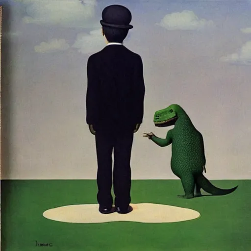 Prompt: a Magritte painting of a boy and his dinosaur