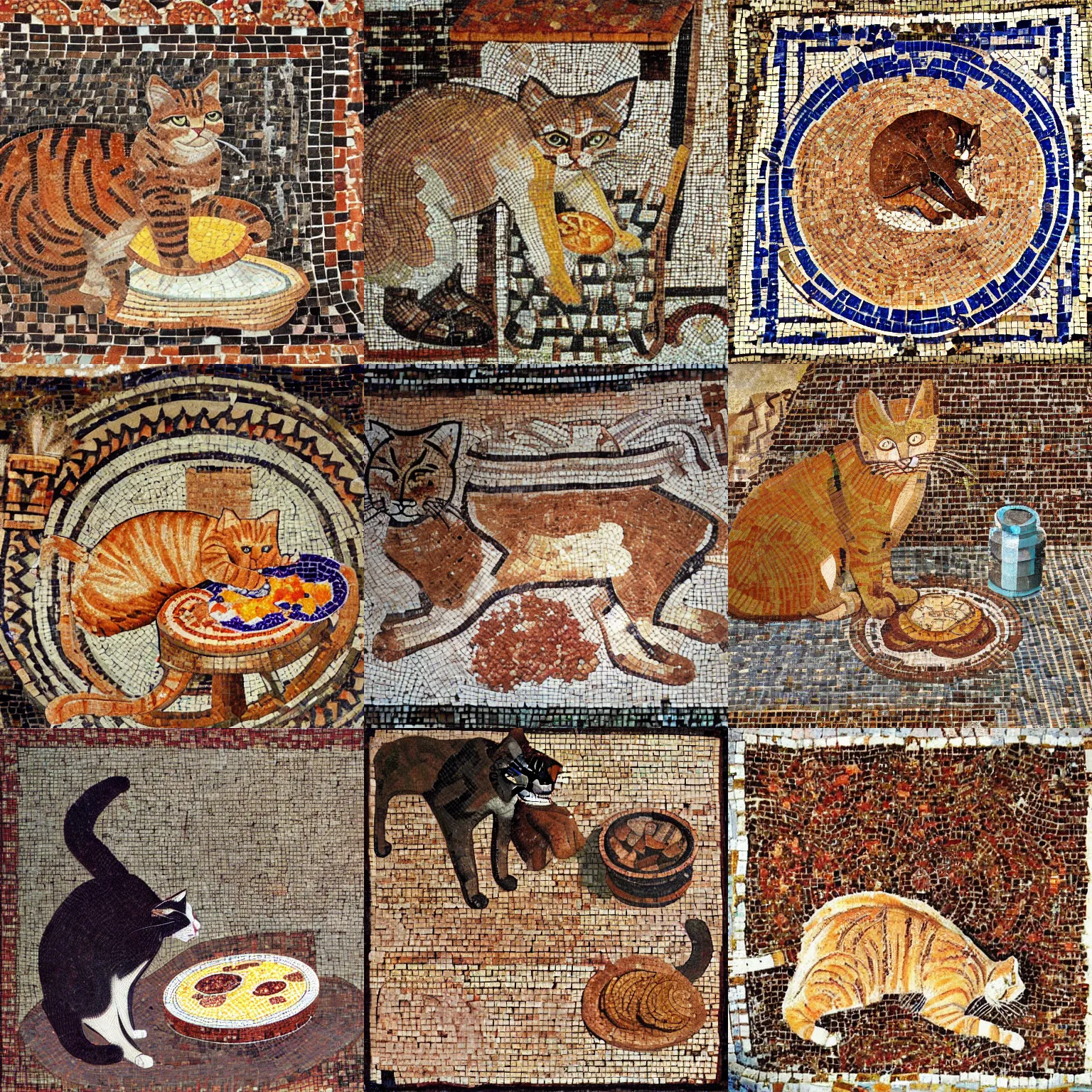 Prompt: Cat making pancakes, roman mosaic, ancient rome