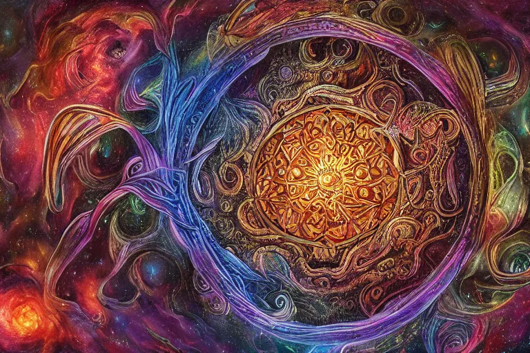 Image similar to a giant mandala of skulls and flesh with deep and intricate rune carvings and twisting lovecraftian tentacles emerging from a space nebula by dan mumford, twirling smoke trails, a twisting vortex of dying galaxies, collapsing stars, digital art, photorealistic, vivid colors, highly detailed, intricate