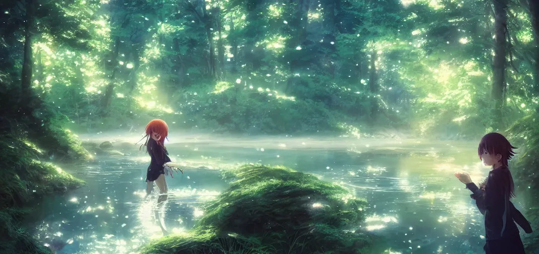 Image similar to anime forest and river, magical, mythical, ethereal, hyper realistic, straight lines 8k hdr pixiv dslr photo by Makoto Shinkai ilya kuvshinov and Wojtek Fus, digital art, concept art,