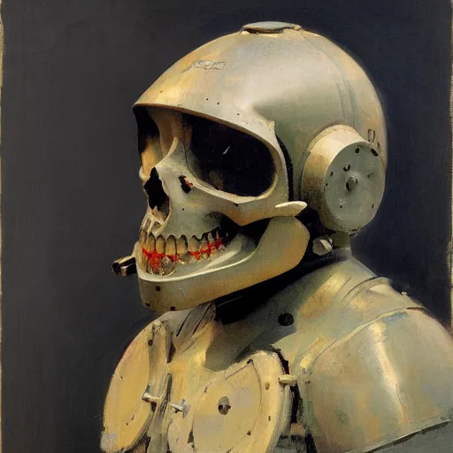 Image similar to portrait of deep sea diver helmet, detailed skull face, detailed painting, epic lighting, by ilya repin, phil hale and kent williams