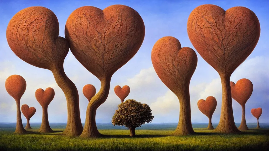 Image similar to surreal landscape, surrealism, fibonacci, heart shaped trees, symmetrical, esao andrews, victor enrich, dali