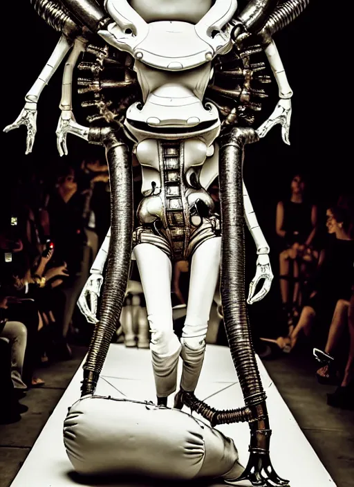 Prompt: walking down the catwalk, steven klein, show, stage, vogue photo, podium, h. r. giger organic steampunk fashion show photo,, beautiful woman, full body shot, masterpiece, inflatable shapes, white biomechanical details, highly detailed