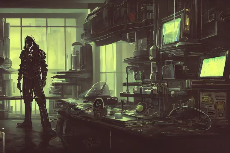 Image similar to cinematic cyberpunk mage in his lab by Michael Bay