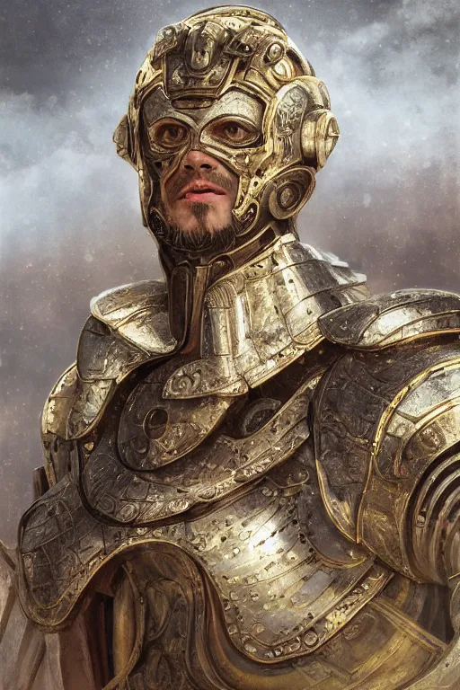 Image similar to portrait Emperor Marcus Aurelius, metallic Silver and ice color reflected armor, in ruined Agora of Athens, ssci-fi, fantasy, intricate, very very beautiful, elegant, golden light, highly detailed, digital painting, artstation, concept art, smooth, sharp focus, illustration, art by WLOP and tian zi and alphonse mucha