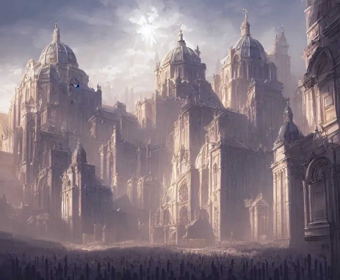 Prompt: highly detailed concept art of authoritarian pearly white medieval city, roman architecture with religious iconography, sunbeams, art by jonathan berube, digital painting, fantasy, d & d, beautiful, illustration