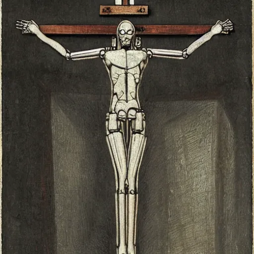 Image similar to robot crucified by matthias grunewald