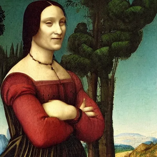 Image similar to Portrait of a smiling Italian woman with arms crossed, against a distant landscape background, 1505. Oil painting by Leonardo da Vinci.