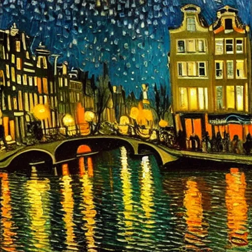 Image similar to amsterdam by night, oil on canvas by Van gogh