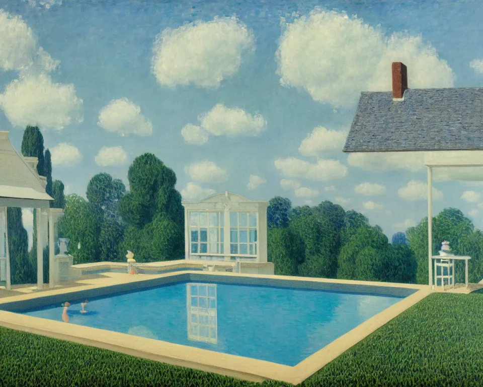 Image similar to achingly beautiful painting of a sophisticated, well - decorated, modern pool house by rene magritte, monet, and turner. whimsical.