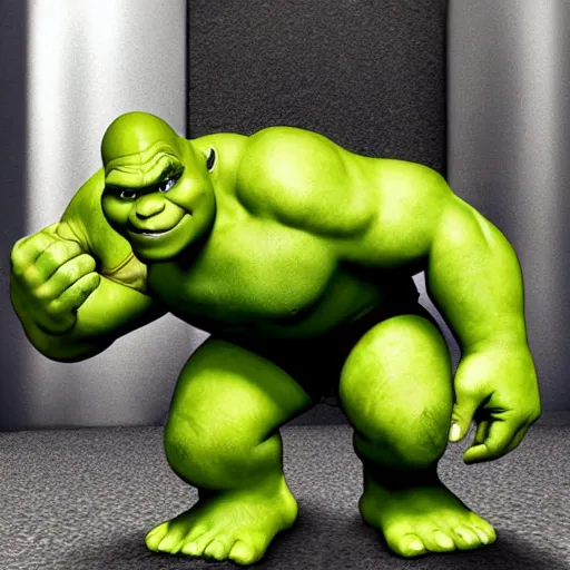 Prompt: shrek with the incredible hulk’s body.