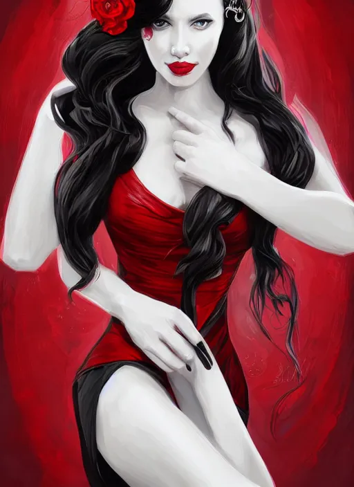 Image similar to a highly detailed illustration of long black hair white woman wearing a red and black dress, dramatic smile pose, intricate, elegant, highly detailed, centered, digital painting, artstation, concept art, smooth, sharp focus, league of legends concept art, WLOP